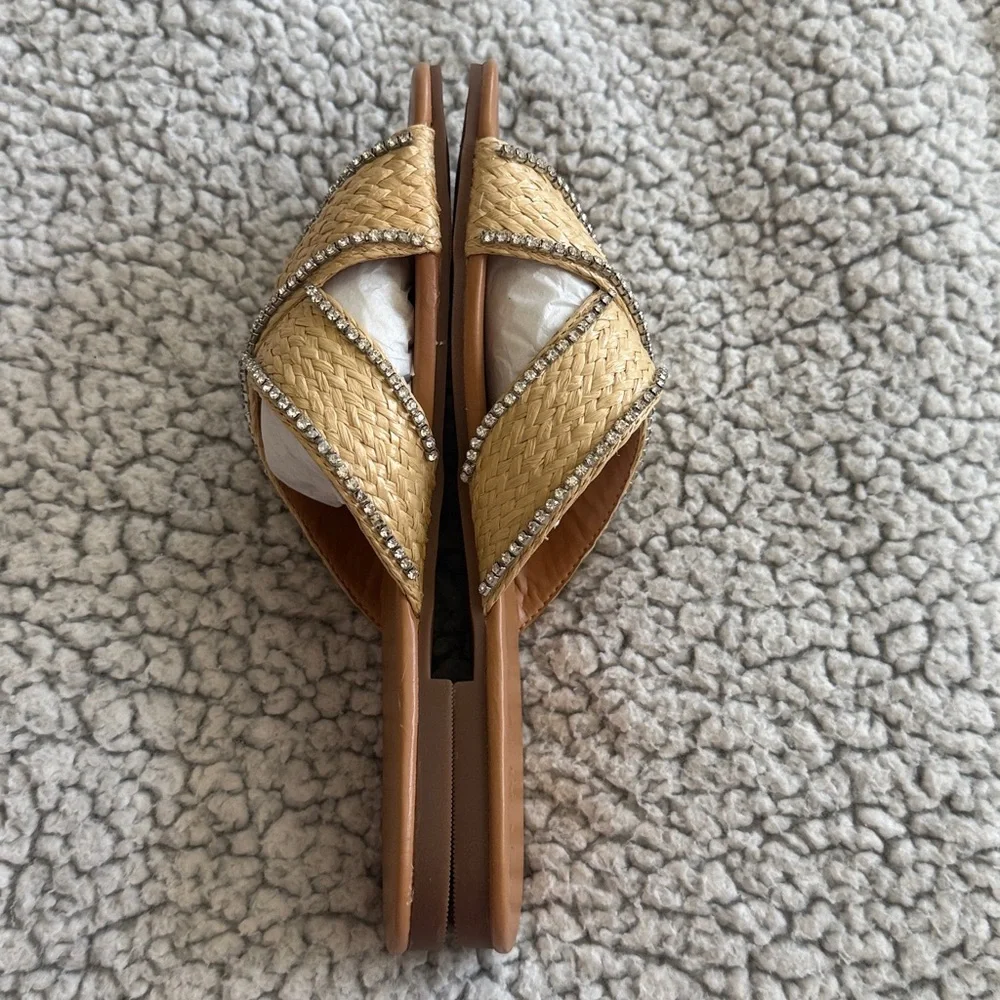 NIB J Crew Raffia Crisscross Slide Sandals With Rhinestone Lining